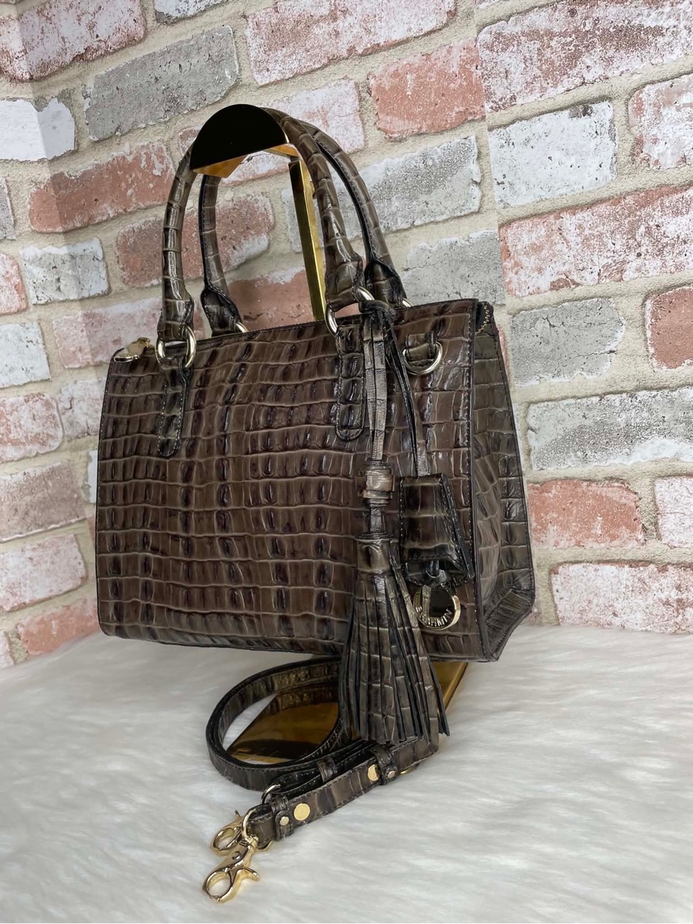 Brahmin Brown Croc-Embossed Leather Tote Bag with Tassel Charm - Picture 3 of 14